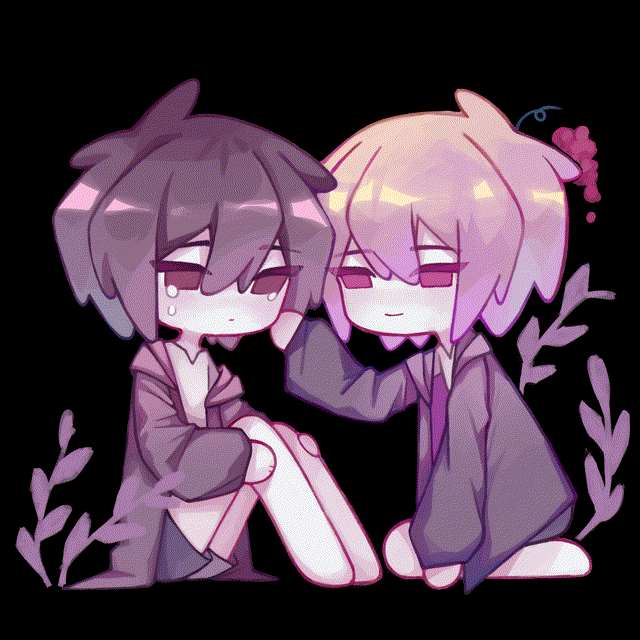 2boys, animated, animated_gif, barefoot, black_background, blinking, brown_hair, chibi, chinese_commentary, closed_mouth, crying, eyebrows_visible_through_hair, eyes_visible_through_hair, grey_jacket, grey_shorts, hair_between_eyes, hood, hooded_jacket, isoi_haruki, jacket, kneeling, long_sleeves, male_focus, momomi, multiple_boys, open_clothes, open_jacket, origin_alpha, pink_hair, red_eyes, saibou_shinkyoku, shirt, short_hair, shorts, sitting, smile, spoilers, white_shirt