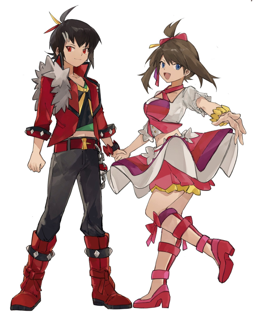 1boy, 1girl, :d, bangs, belt, black_hair, black_shirt, blue_eyes, boots, bracelet, brendan_(pokemon), brown_hair, closed_mouth, high_heels, highres, holding_hands, jacket, jewelry, leg_up, may_(pokemon), medium_hair, multicolored_hair, open_mouth, pants, pokemon, pokemon_adventures, red_belt, red_eyes, red_footwear, red_jacket, ruby_(pokemon), sakanobo_(sushi1021), sapphire_(pokemon), sapphire_birch, shirt, shorts, shorts_under_skirt, skirt, smile, standing, streaked_hair, tongue, white_background