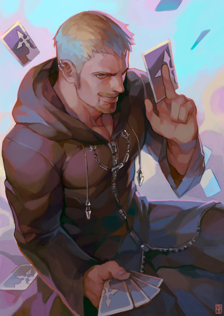 1boy, alejandro_tio, artist_logo, beard, biceps, blonde_hair, blue_eyes, card