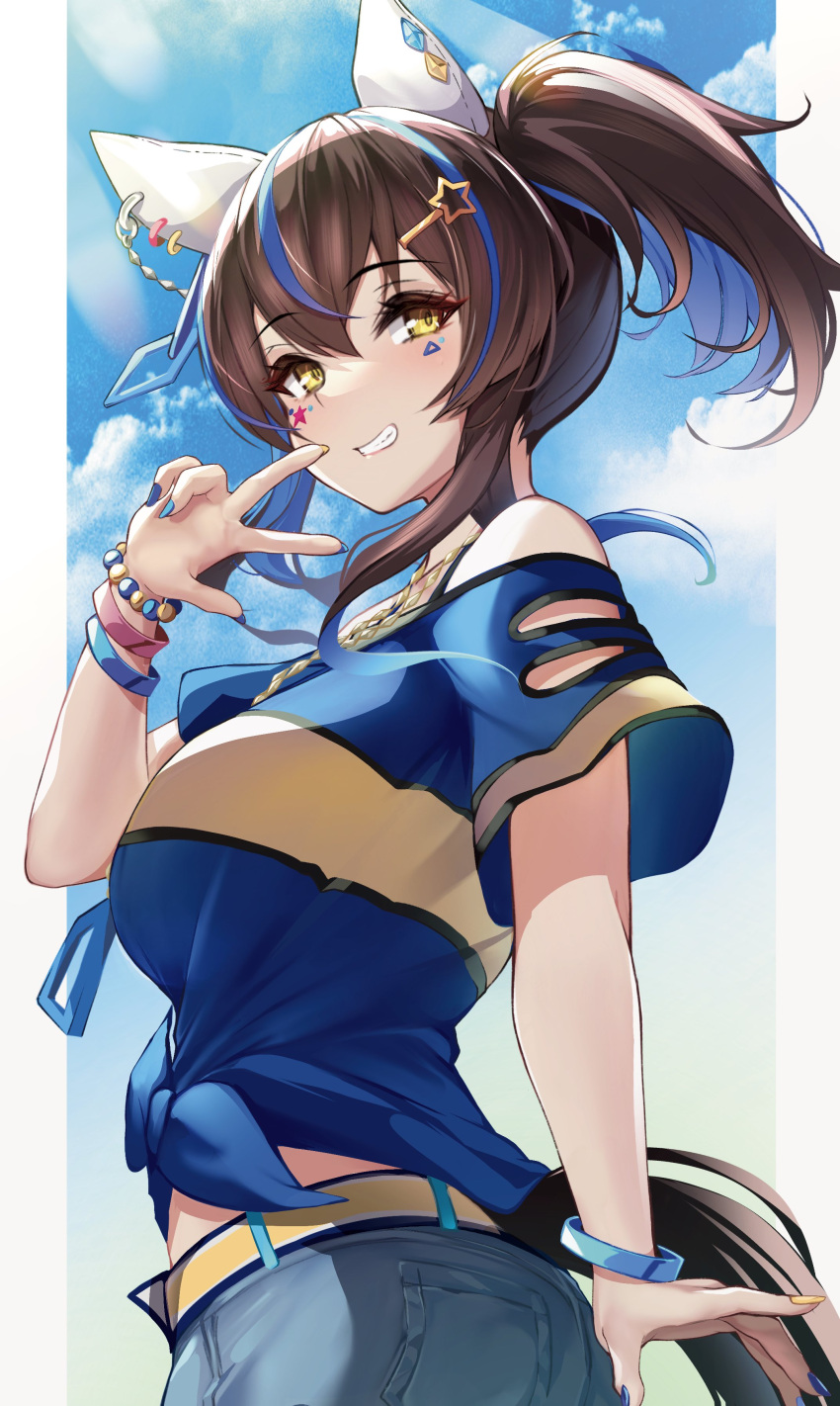 1girl, absurdres, animal_ears, bangs, bead_bracelet, beads, belt, blue_shirt, blush, bracelet, breasts, brown_hair, clothing_cutout, clouds, daitaku_helios_(umamusume), denim, denim_shorts, ear_covers, grin, hair_ornament, hairclip, hand_up, highres, horse_ears, horse_girl, horse_tail, jewelry, long_hair, looking_at_viewer, looking_to_the_side, medium_breasts, multicolored_hair, multicolored_nails, necklace, open_mouth, rikiddo_(tise_00), shirt, short_sleeves, shorts, shoulder_cutout, side_ponytail, smile, solo, tail, teeth, tied_shirt, two-tone_hair, umamusume, w, wristband