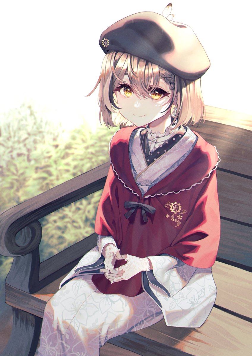 1girl, bangs, bench, beret, braid, braided_bangs, brown_eyes, brown_hair