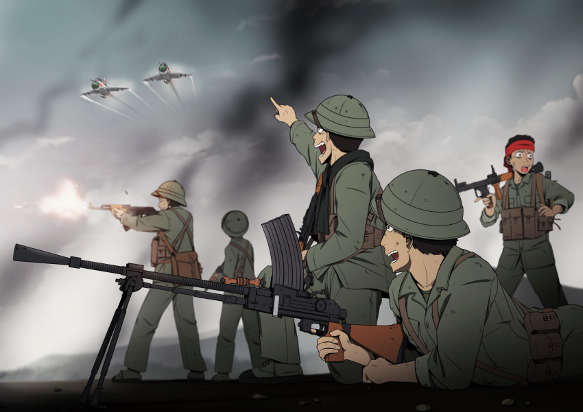 5boys, ak-47, assault_rifle, bipod, black_hair, collared_shirt, commentary, dark-skinned_male