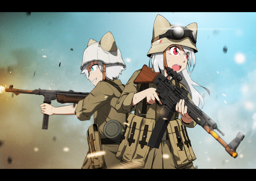 2girls, animal_ears, assault_rifle, bangs, belt, blue_eyes, brown_jacket, cat_ears, cat_girl, commentary, day, english_commentary, explosion, frown, goggles, goggles_on_head, grey_hair, grey_headwear, grin, gun, harness, headwear_removed, helmet, helmet_removed, highres, holding, holding_gun, holding_weapon, jacket, long_hair, long_sleeves, looking_to_the_side, military, military_uniform, mp40, mrxinom, multiple_girls, open_mouth, original, outdoors, pouch, red_eyes, rifle, scope, smile, smoke, soldier, standing, stg44, submachine_gun, uniform, utility_belt, weapon, world_war_ii