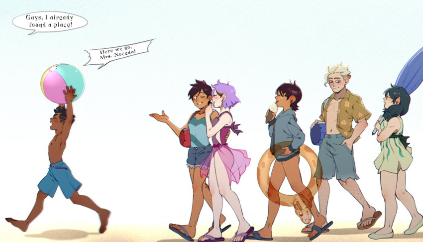 2boys, 4girls, amity_blight, ball, beach_umbrella, beachball, brown_hair, dark-skinned_female