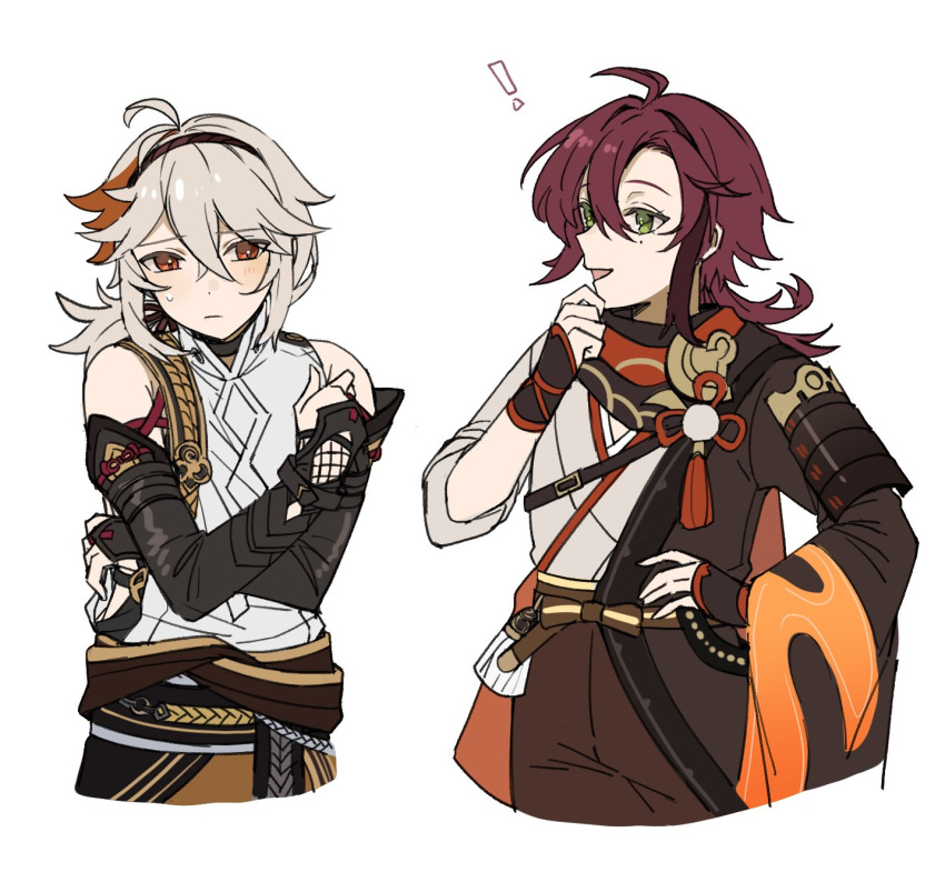!, 2boys, ahoge, armor, bangs, blush, closed_mouth, cosplay