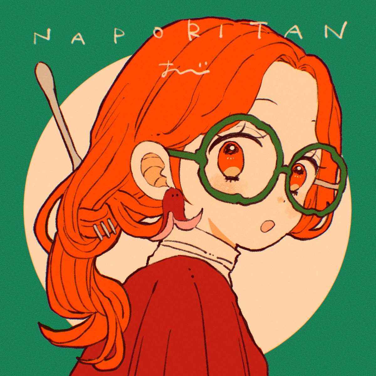 1girl, :o, bangs, commentary_request, earrings, eyelashes, food-themed_earrings, fork, glasses, green-framed_eyewear, highres, jewelry, long_hair, looking_at_viewer, omogu_(o_wu), orange_eyes, orange_hair, original, parted_lips, portrait, round_eyewear, signature, simple_background, solo, two-tone_background
