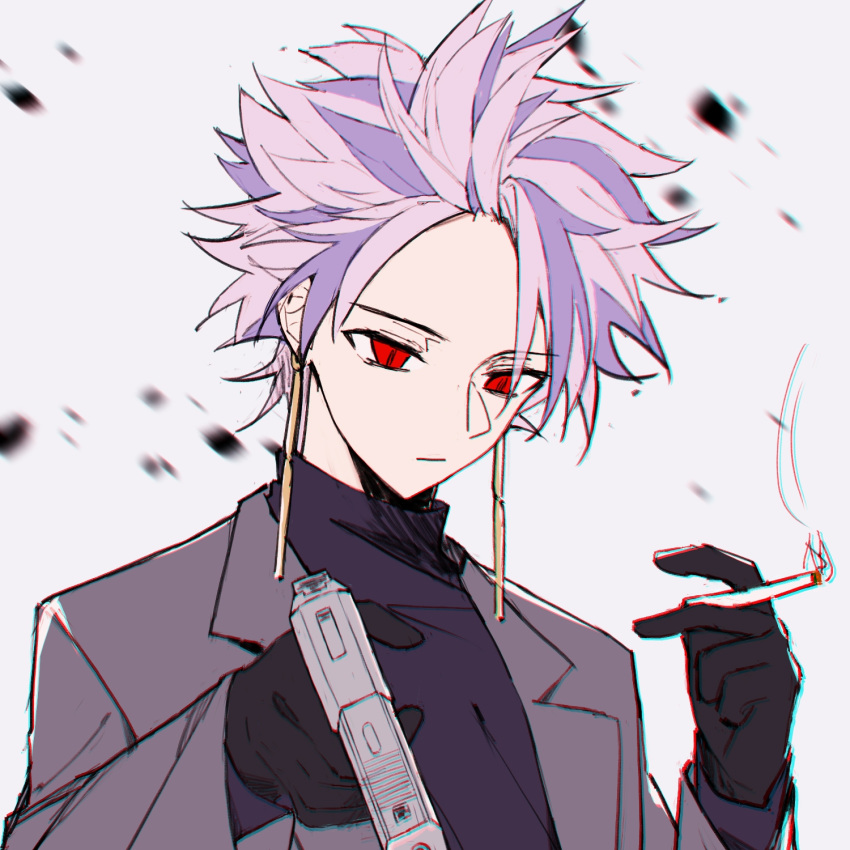 1boy, :|, black_gloves, chinese_commentary, chromatic_aberration, cigarette, closed_mouth, earrings