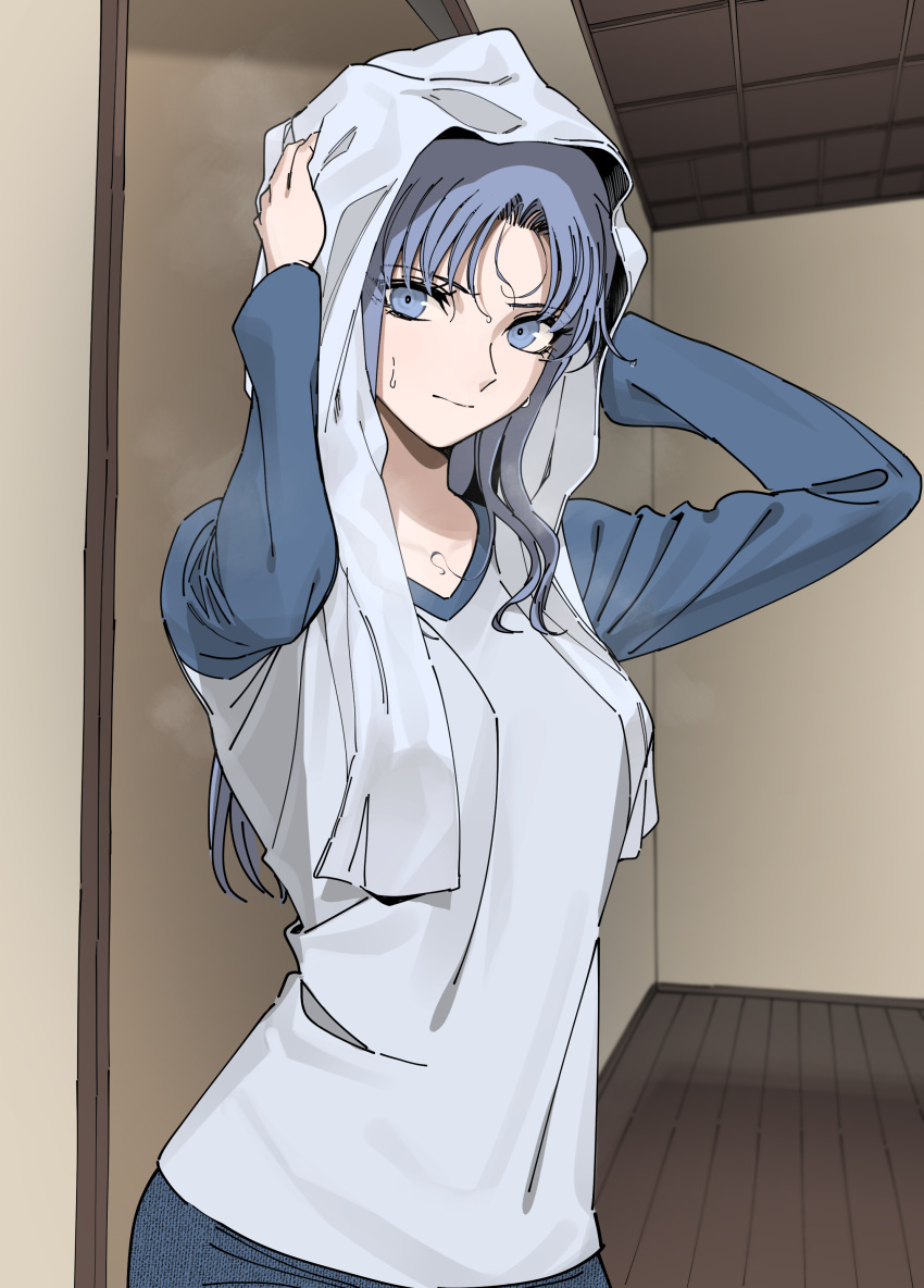 1girl, absurdres, alternate_costume, arms_up, bangs, blue_eyes, blue_hair, breasts