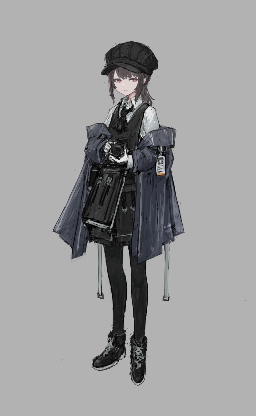 1girl, ascot, black_ascot, black_footwear, black_headwear, black_jacket, black_legwear, black_sweater_vest