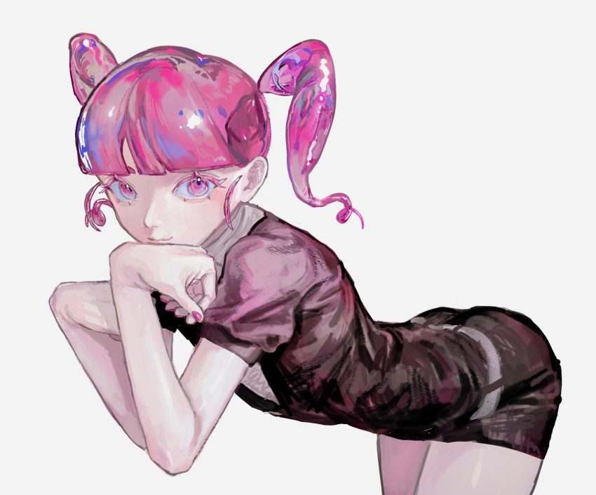 1other, bangs, belt, bent_over, black_shirt, black_shorts, blunt_bangs, eyebrows_behind_hair