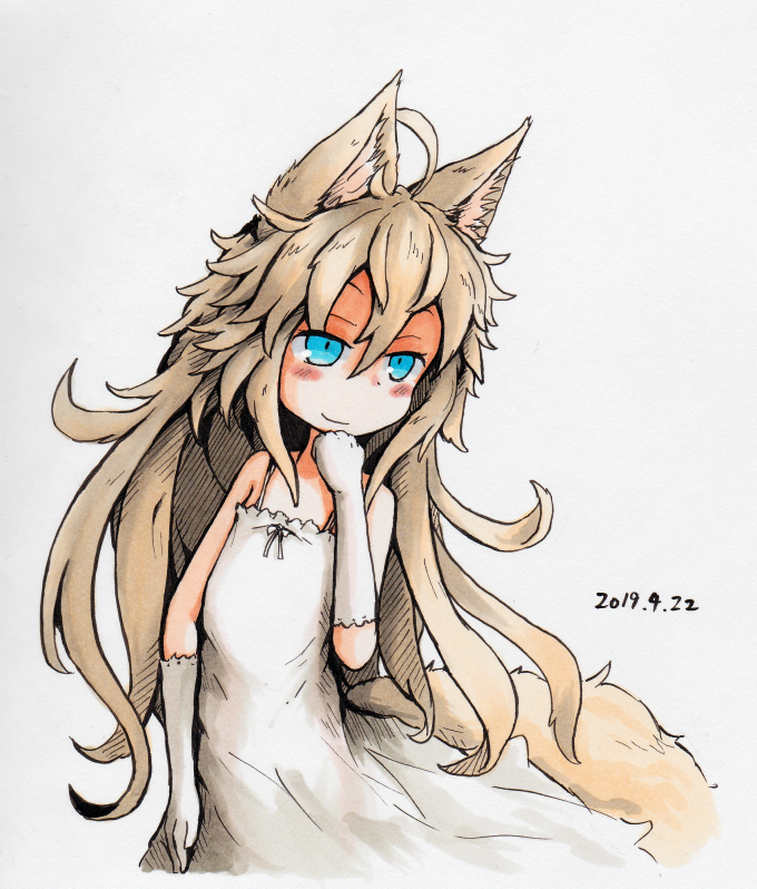 1girl, ahoge, animal_ears, bangs, blue_eyes, blush_stickers, closed_mouth, cowboy_shot
