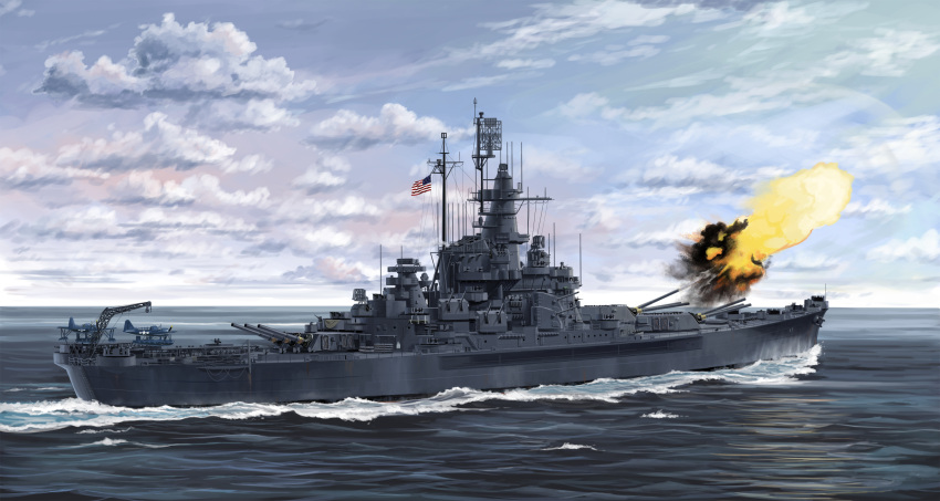 absurdres, american_flag, anti-aircraft, anti-aircraft_gun, battleship, cannon, clouds, crane_(machine)