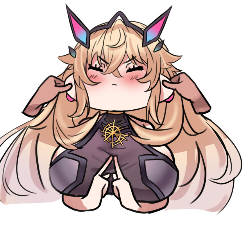 1girl, absurdly_long_hair, blonde_hair, blush, breasts, cheek_pinching, cheek_pull, closed_eyes