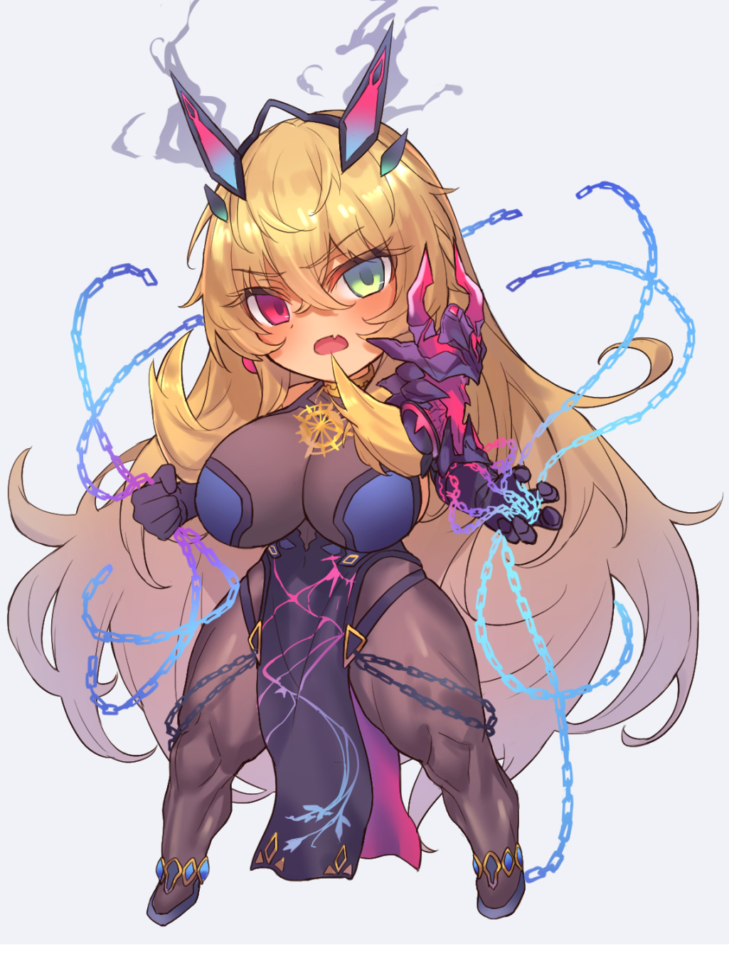 1girl, absurdly_long_hair, armor, black_dress, blonde_hair, blush, brown_legwear, chain