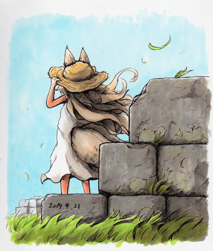 1girl, animal_ears, blue_sky, dated, day, dress, ears_through_headwear, fox_ears