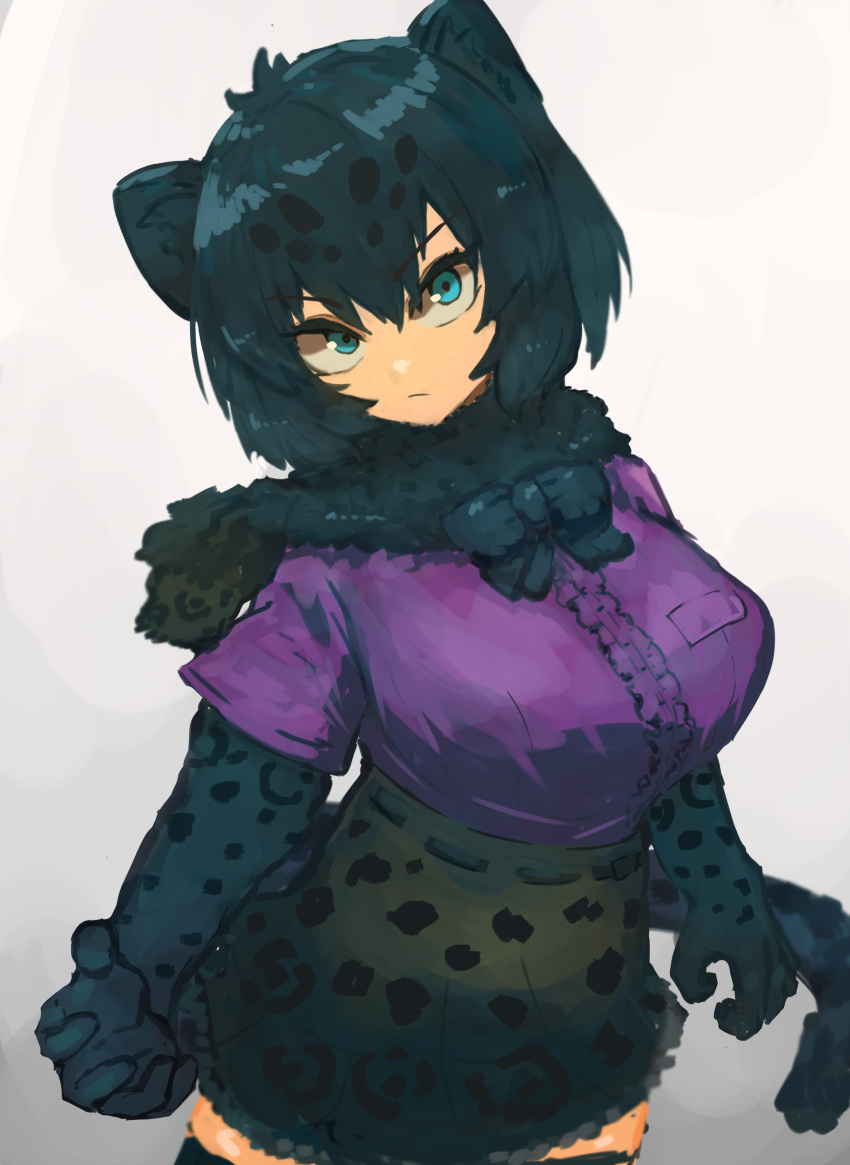 1boy, :/, absurdres, adeshi_(adeshi0693119), animal_ears, animal_print, aqua_eyes, arms_at_sides