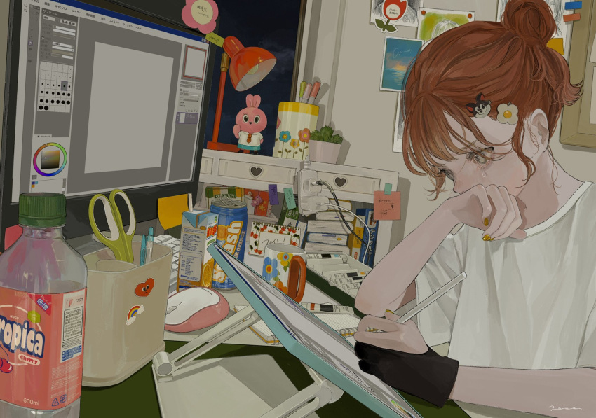 1girl, artist_glove, bangs, book, book_stack, bottle, can, carton
