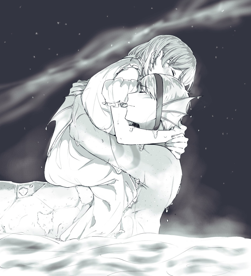 1boy, 1girl, animal_ears, arms_up, aurora, bangs, blurry, closed_eyes