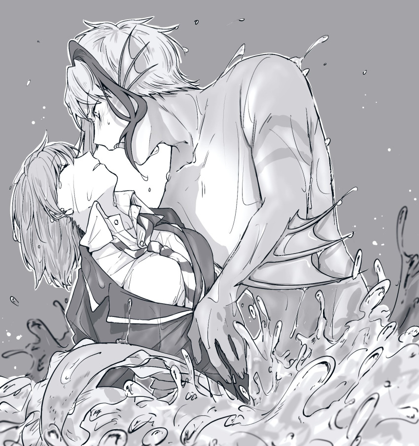 1boy, 1girl, animal_ears, bangs, between_breasts, breasts, closed_eyes, clothed_female_nude_male, collared_shirt, dress_shirt, eel_boy, fins, full_moon, greyscale, head_fins, highres, jacket, jade_leech, large_breasts, leaning_back, light_particles, long_sleeves, looking_at_another, looking_away, looking_down, monochrome, monster_boy, moon, multicolored_hair, necktie, necktie_between_breasts, night, night_raven_college_uniform, night_sky, nude, open_mouth, parted_lips, partially_submerged, profile, school_uniform, sharp_teeth, shirt, short_hair, short_hair_with_long_locks, sky, streaked_hair, striped_necktie, teeth, twisted_wonderland, unconscious, upper_body, water, wet, worried, yuu_(twisted_wonderland), yuuinoue