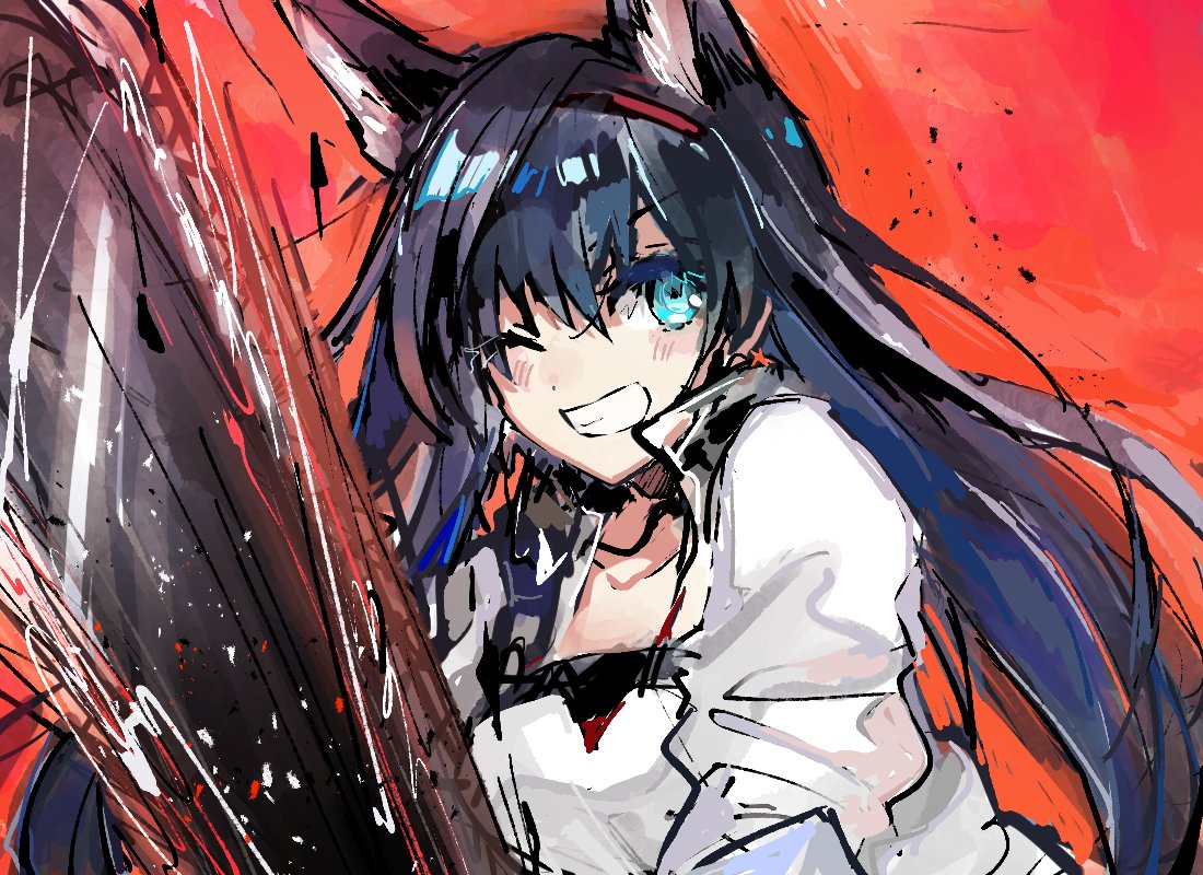 1girl, ;d, animal_ears, aqua_eyes, arknights, black_hair, blaze_(arknights), blush