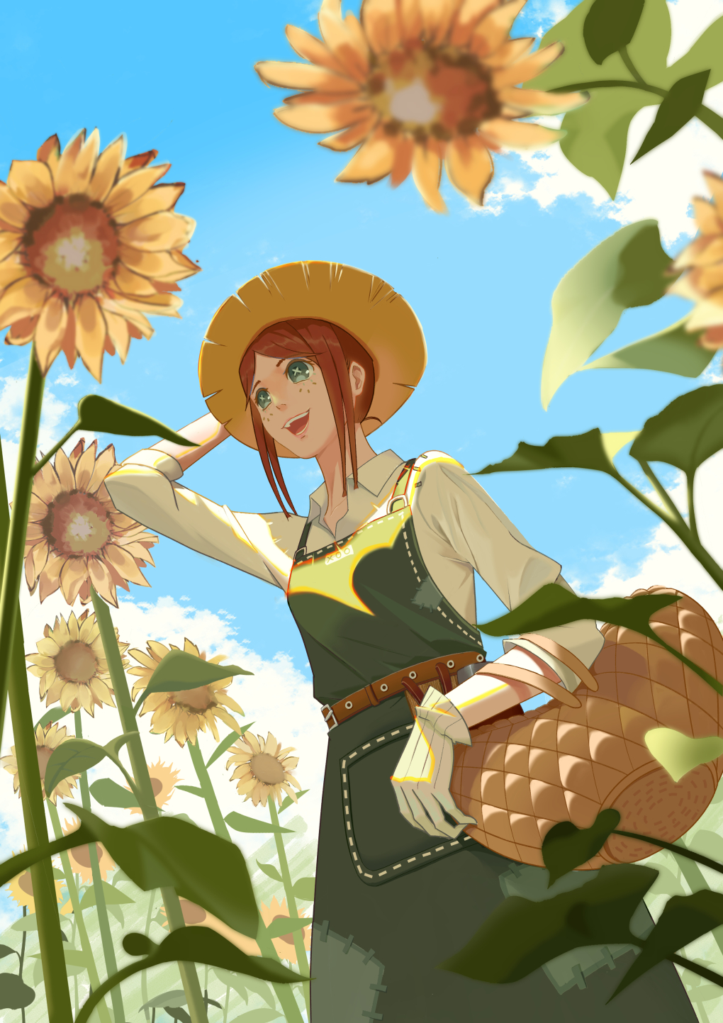 1girl, :d, arm_up, basket, belt, brown_hair, clouds, day, emma_woods, flower, freckles, hat, highres, identity_v, lyq1993, outdoors, shirt, short_hair_with_long_locks, smile, solo, standing, straw_hat, sun_hat, sunflower, tool_belt, white_shirt, x_x