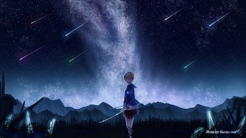 asukake_project, copyright_name, dual_wielding, hair_over_one_eye, heaven_burns_red, highres, holding, holding_sword