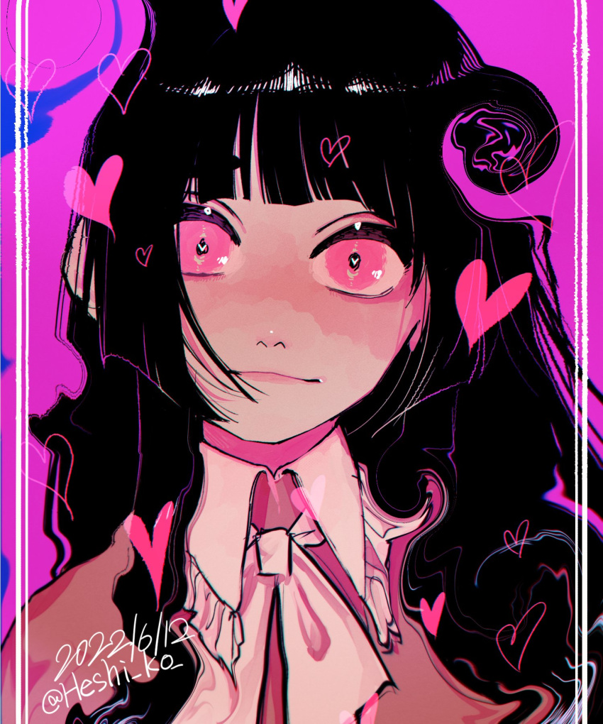 1girl, bangs, black_hair, blunt_bangs, blush, collared_shirt, face, heart