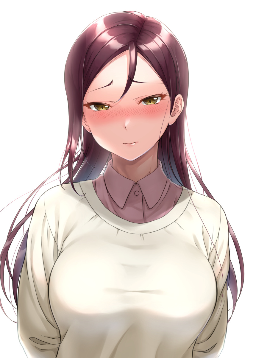 1girl, absurdres, arms_at_sides, bangs, blush, breasts, brown_hair, brown_shirt