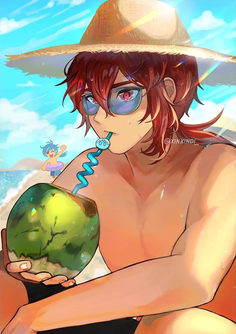 2boys, abs, bangs, bare_arms, bare_shoulders, beach, closed_mouth, coconut