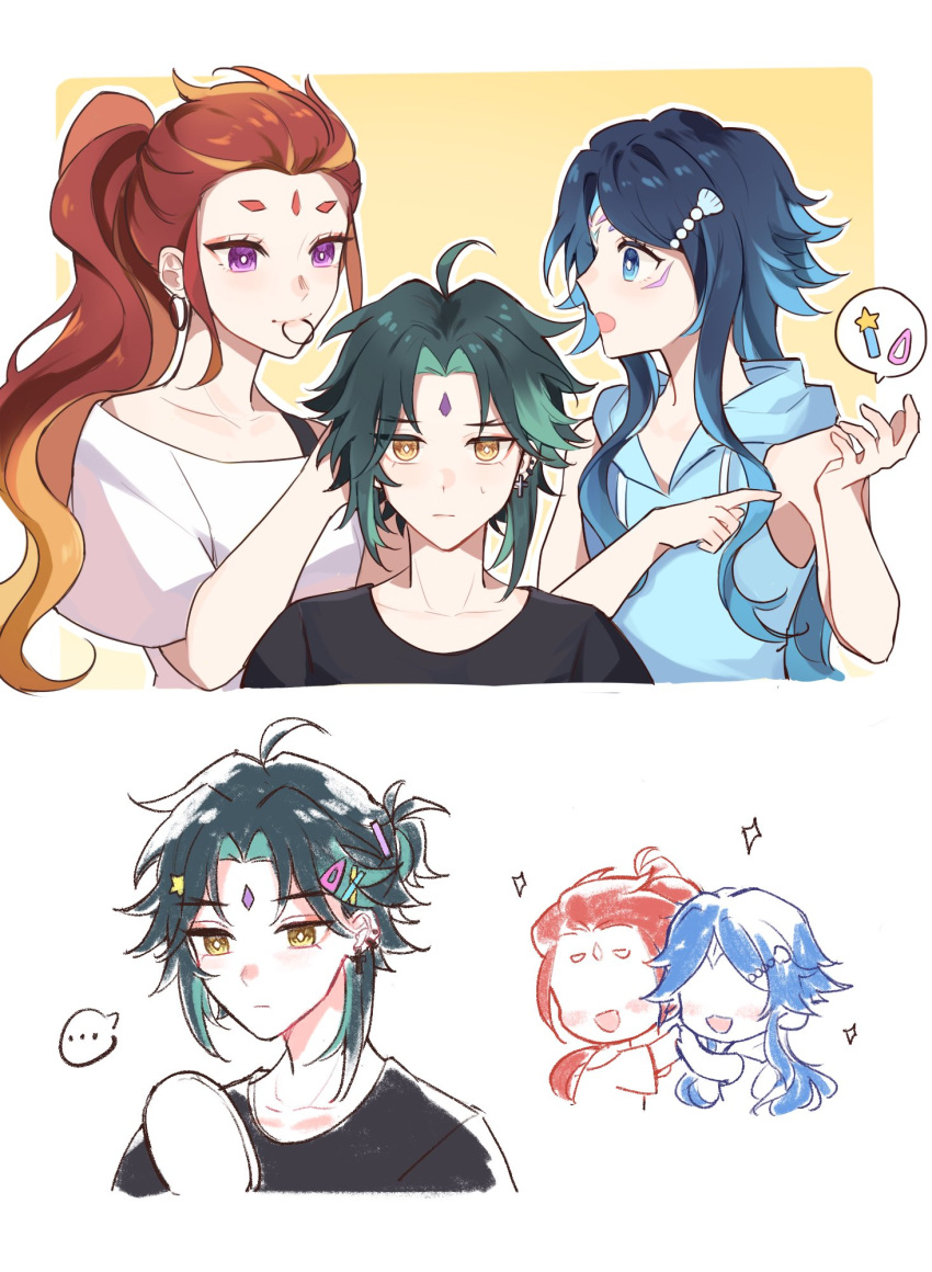 2girls, blue_eyes, blue_hair, choryorrrrrr, ear_piercing, facial_mark, forehead_mark, genshin_impact, hair_ornament, hairclip, highres, indarias_(genshin_impact), multicolored_hair, multiple_girls, piercing, redhead, violet_eyes, xiao_(genshin_impact)