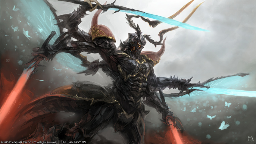 armor, arthropod_limbs, blue_butterfly, bug, butterfly, carapace, copyright, copyright_name, extra_arms, feet_out_of_frame, final_fantasy, final_fantasy_xiv, glowing, glowing_eyes, glowing_sword, glowing_weapon, grey_background, highres, holding, holding_sword, holding_weapon, horns, insect_wings, mogi_yuusuke, multiple_swords, no_humans, official_art, pauldrons, ravana_(final_fantasy), shoulder_armor, signature, spiked_pauldrons, standing, sword, weapon, wings
