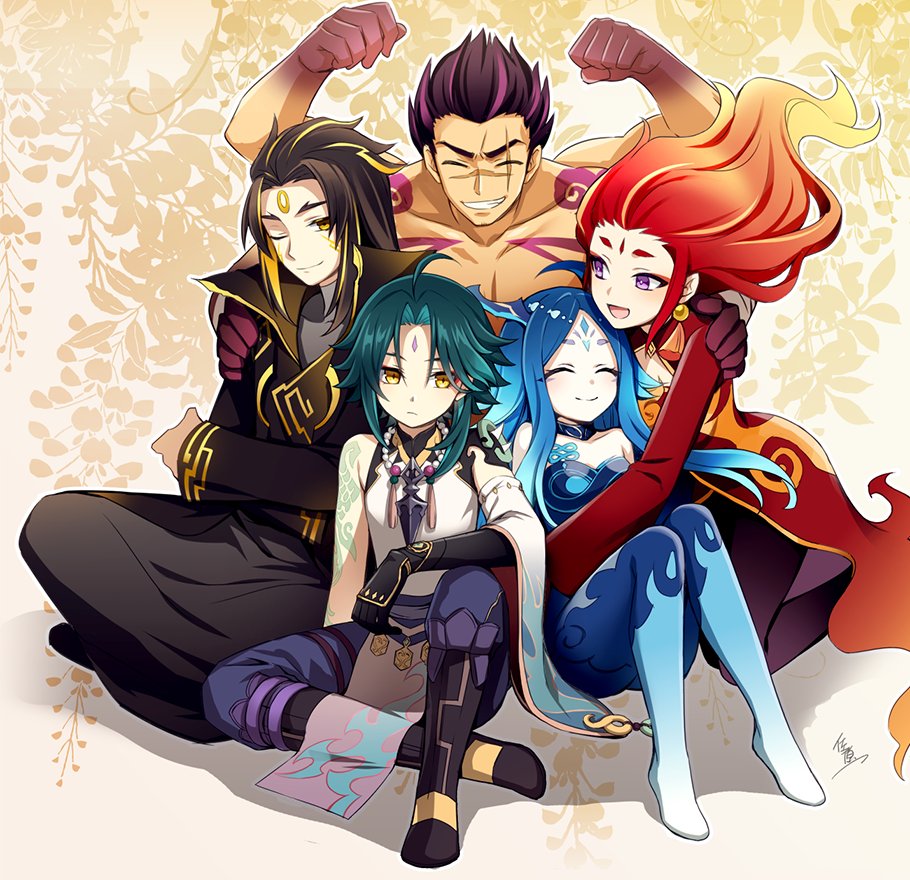2girls, 3boys, bead_necklace, beads, blue_hair, bonanus_(genshin_impact), bosacius_(genshin_impact), closed_eyes