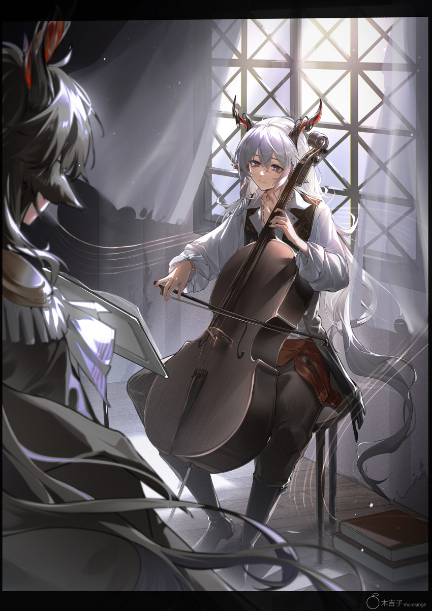 2boys, arknights, bangs, black_hair, black_pants, black_vest, cello, ebenholz_(arknights)