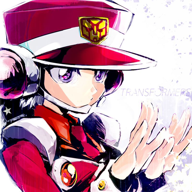1girl, autobot, collared_shirt, copyright_name, jacket, necktie, open_hands, orange_shirt, portrait, red_headwear, red_jacket, red_necktie, shirt, sikaku2012, solo, star_(symbol), t-ai_(transformers), transformers, transformers_car_robots, violet_eyes