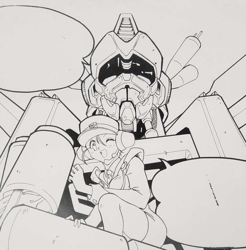 1girl, autobot, blank_speech_bubble, greyscale, hat, headset, highres, in_palm