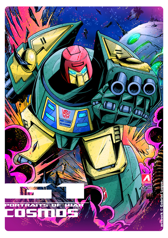 aiming, aiming_at_viewer, aprostudioluque, arm_cannon, autobot, battle, blue_eyes, building, cosmos_(transformers), cybertron, damaged, debris, dirty, emblem, energy_cannon, explosion, flying, glowing, glowing_eyes, in_orbit, ink_(medium), lights, logo, machinery, mecha, official_art, promotional_art, robot, roundel, ruins, science_fiction, signature, smoke, space, starry_background, thrusters, traditional_media, transformers, weapon