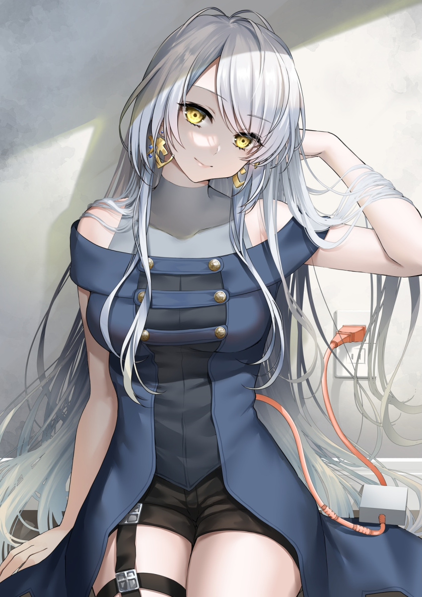 1girl, abe_hikaru, android, bare_shoulders, cross, cross_earrings, earrings, grey_hair, highres, indoors, jewelry, long_hair, original, outlet, plug, short_shorts, shorts, solo, very_long_hair, yellow_eyes