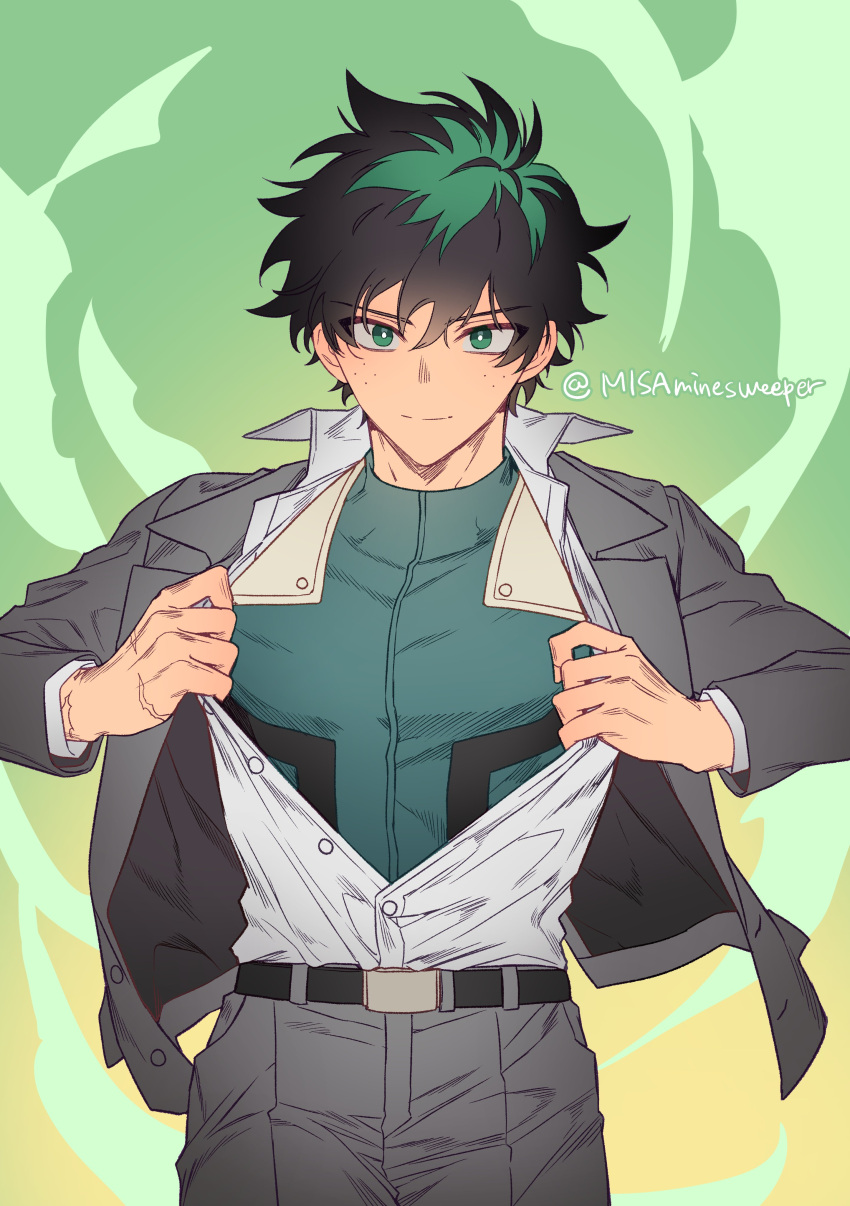 1boy, absurdres, bodysuit, bodysuit_under_clothes, boku_no_hero_academia, collared_shirt, freckles, green_bodysuit