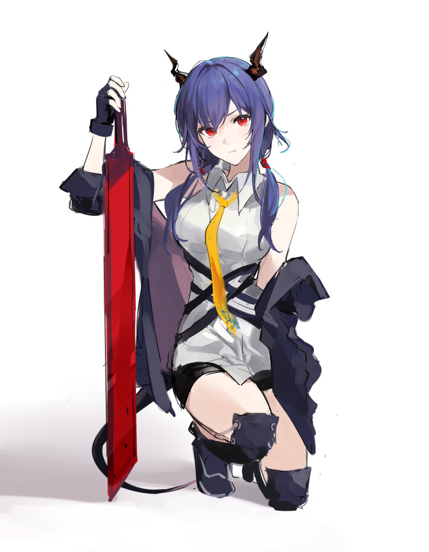 1girl, arknights, black_gloves, blade, blue_hair, ch'en_(arknights), gloves, highres, horns, joshua_(shisanli934), long_hair, looking_at_viewer, necktie, red_eyes, tail, twintails, weapon, white_background