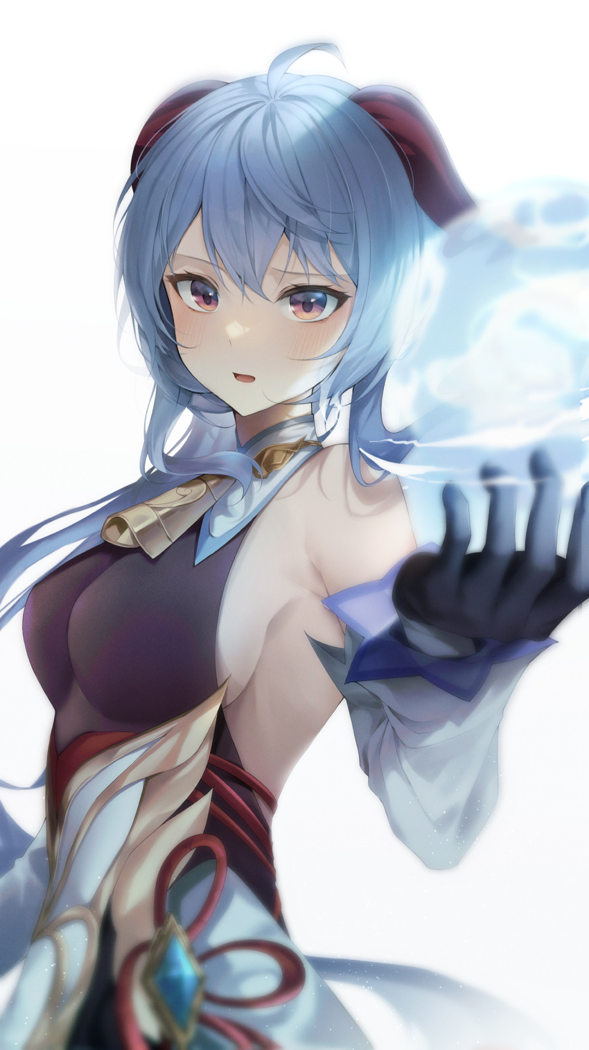1girl, ahoge, bangs, bare_shoulders, bell, black_gloves, blue_hair, blush