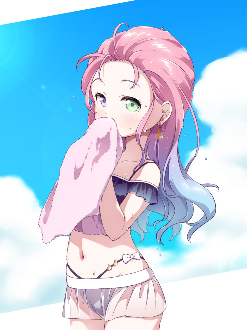 1girl, bikini, bikini_skirt, blue_bikini, blue_hair, clouds, covering_mouth, earrings