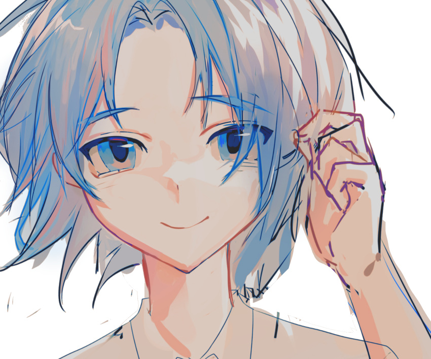 1girl, arm_up, blue_eyes, blue_hair, blue_pupils, chinese_commentary, closed_mouth, collared_shirt, colored_eyelashes, enomoto_noa, hair_intakes, highres, portrait, saibou_shinkyoku, shirt, short_hair, sketch, smile, solo, white_background, white_shirt, yuyuzi221