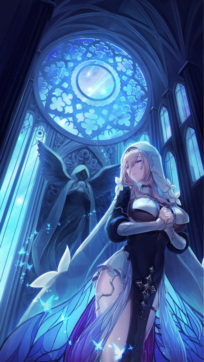 1girl, angel_statue, aponia_(honkai_impact), bangs, black_dress, blue_butterfly, blue_eyes, breast_curtains