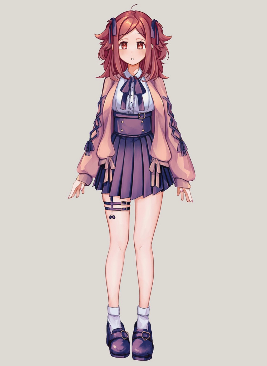 1girl, :o, arms_at_sides, bangs, belt, black_bow, black_bowtie, black_footwear