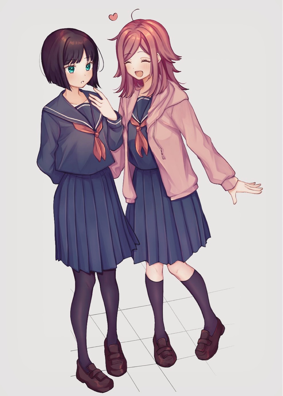 2girls, :d, :o, ^_^, ahoge, aqua_eyes, arm_behind_back, arms_at_sides