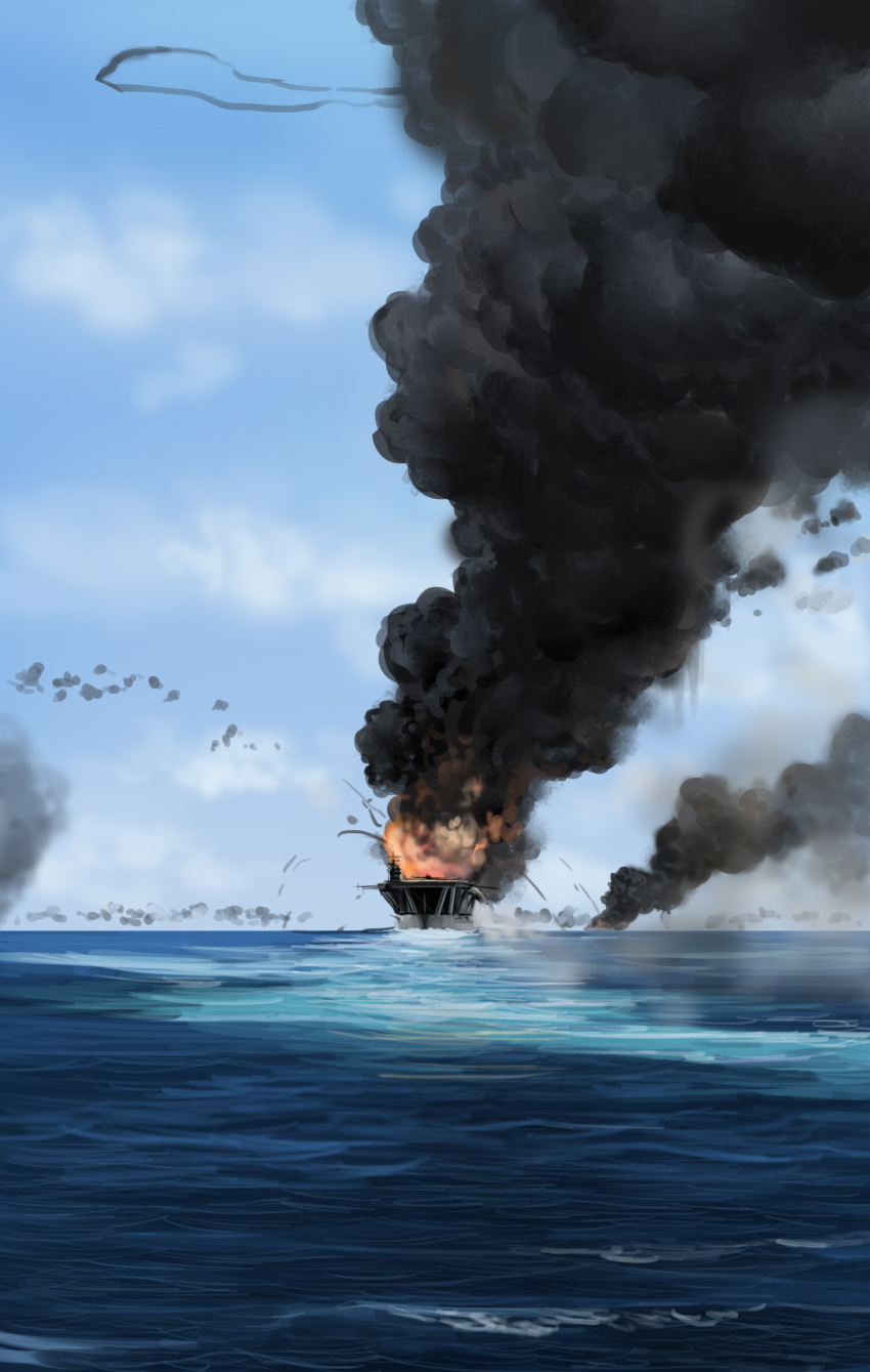 absurdres, aircraft_carrier, akagi_(aircraft_carrier), blue_sky, clouds, explosion, fire, highres