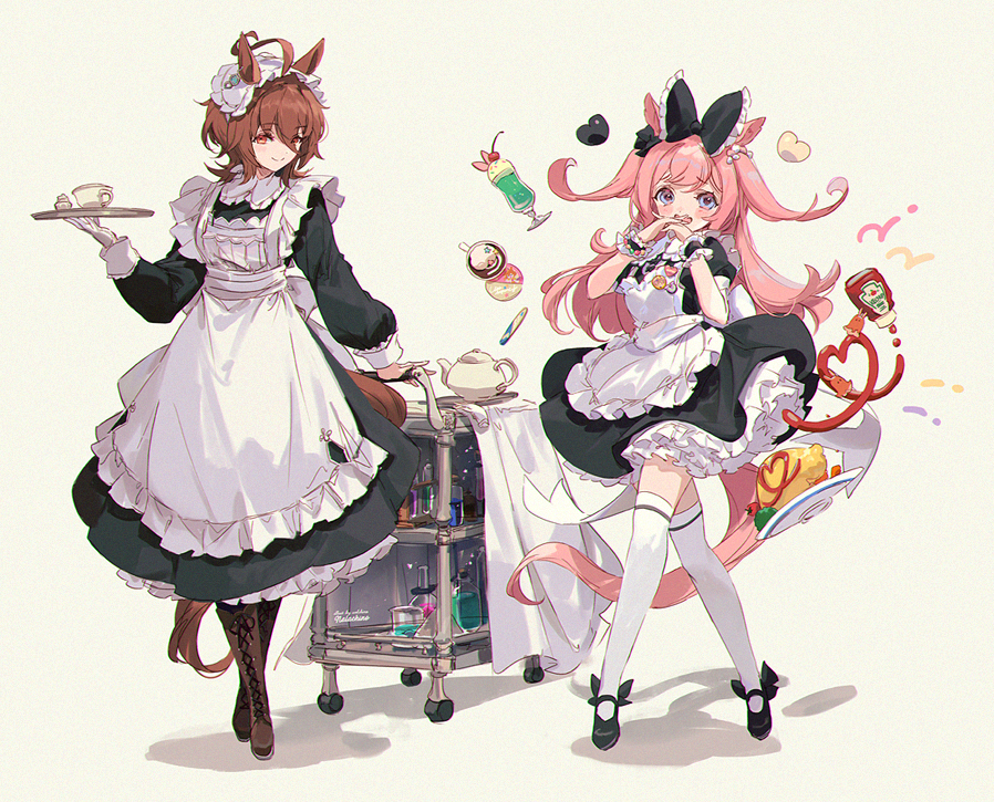 2girls, agnes_digital_(umamusume), agnes_tachyon_(umamusume), ahoge, alternate_costume, animal_ears, apron, bangs