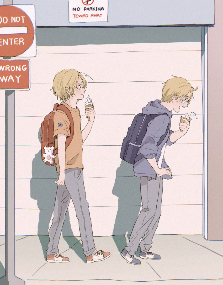 america_(hetalia), axis_powers_hetalia, backpack, bag, blonde_hair, blue_eyes, blue_jacket, brothers