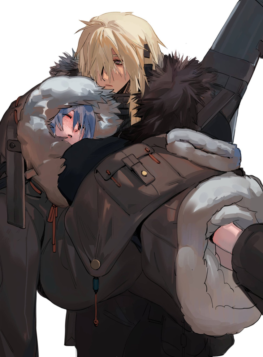 2girls, bags_under_eyes, bangs, blonde_hair, blue_hair, boots, brown_eyes, carrying