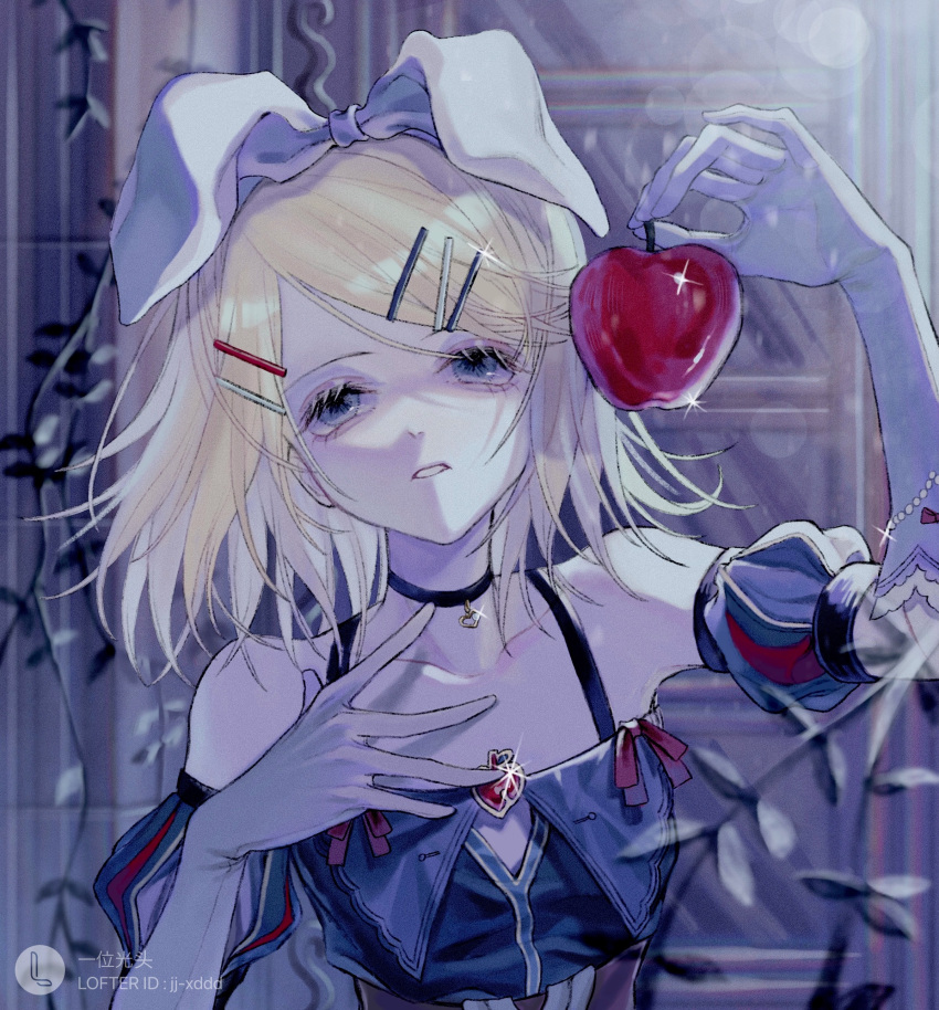 1350131_(pixiv), 1girl, 25-ji_night_code_de._(project_sekai), absurdres, apple, bags_under_eyes, bare_shoulders, black_choker